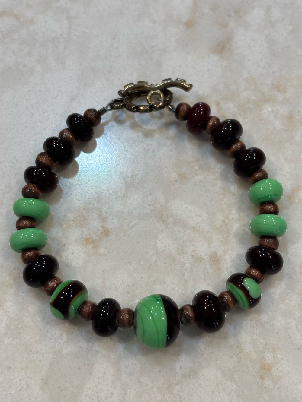 Handmade Green and Brown Glass Bead Bracelet